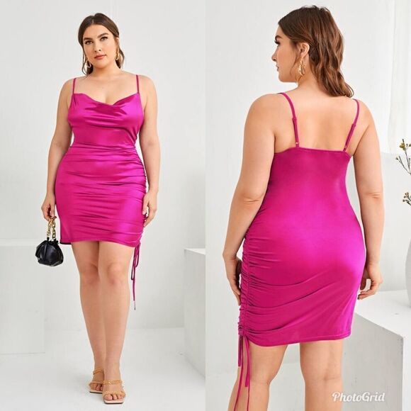 2/$30 Shein Plus Satin Drawstring Side Bodycon Cowlneck Dress - Picture 1 of 7